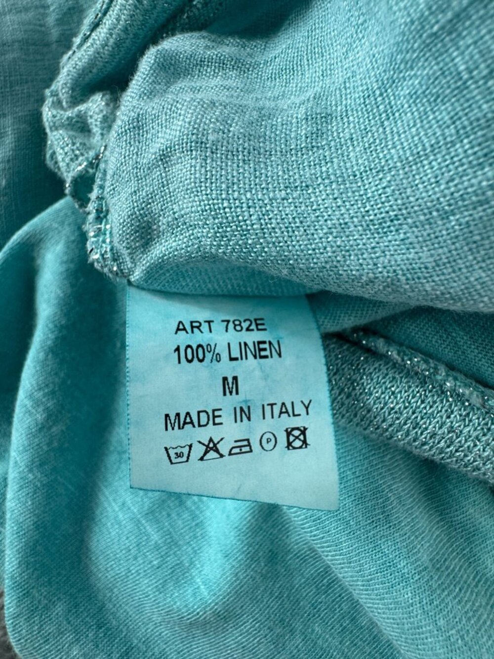 Tempo Paris 100% Linen Light Blue Tunic Top Metallic Trim Made in Italy M - Picture 7 of 7